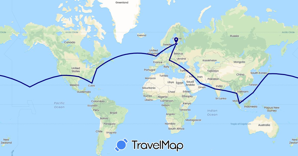 TravelMap itinerary: driving in United Arab Emirates, Austria, Finland, United Kingdom, India, Japan, Philippines, Singapore, Thailand, United States (Asia, Europe, North America)